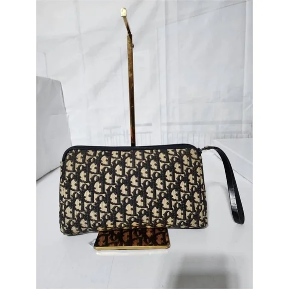 Authentic CHRISTIAN DIOR Vintage Monogram Wristlet Clutch Navy Blue/Beige - Picture 1 of 14